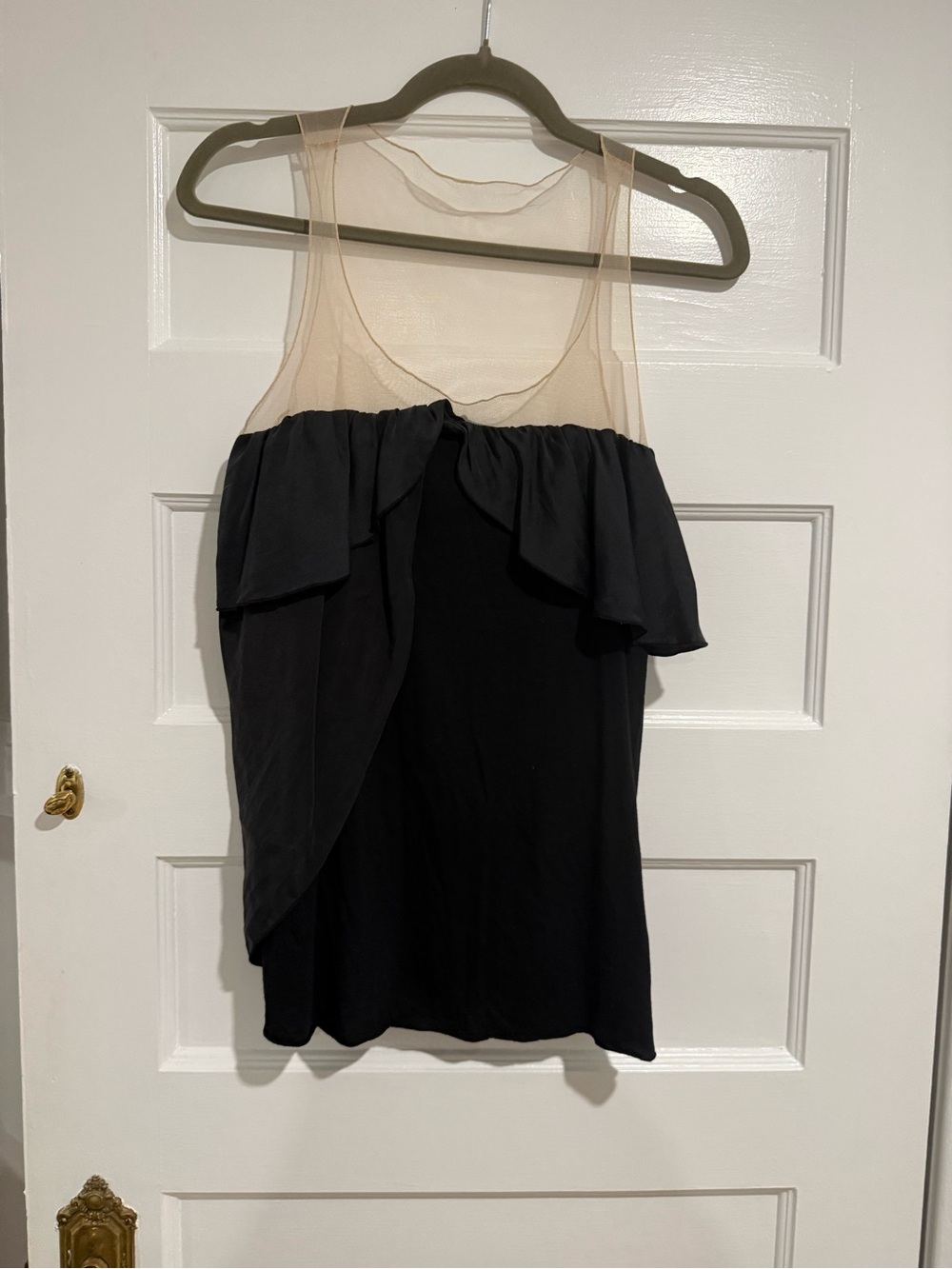 Laquette Sheer Yoke Black Silk and Modal Sleeveless Ruffle Top